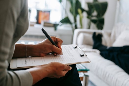 pexels photo 5699456 5699456 Unrecognizable ethnic female therapist taking notes on clipboard while filling out form during psychological appointment with anonymous client lying on blurred background